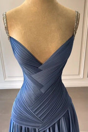 Blue A-Line Spaghetti Straps Empire-Waist V-Neck Pleated Prom Dress