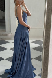 Blue A-Line Spaghetti Straps Empire-Waist V-Neck Pleated Prom Dress