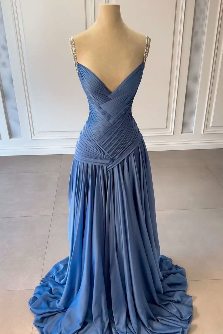 Blue A-Line Spaghetti Straps Empire-Waist V-Neck Pleated Prom Dress
