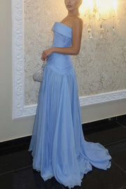 Strapless Sky Blue A-Line Pleats Sleeveless Long Evening Prom Dress