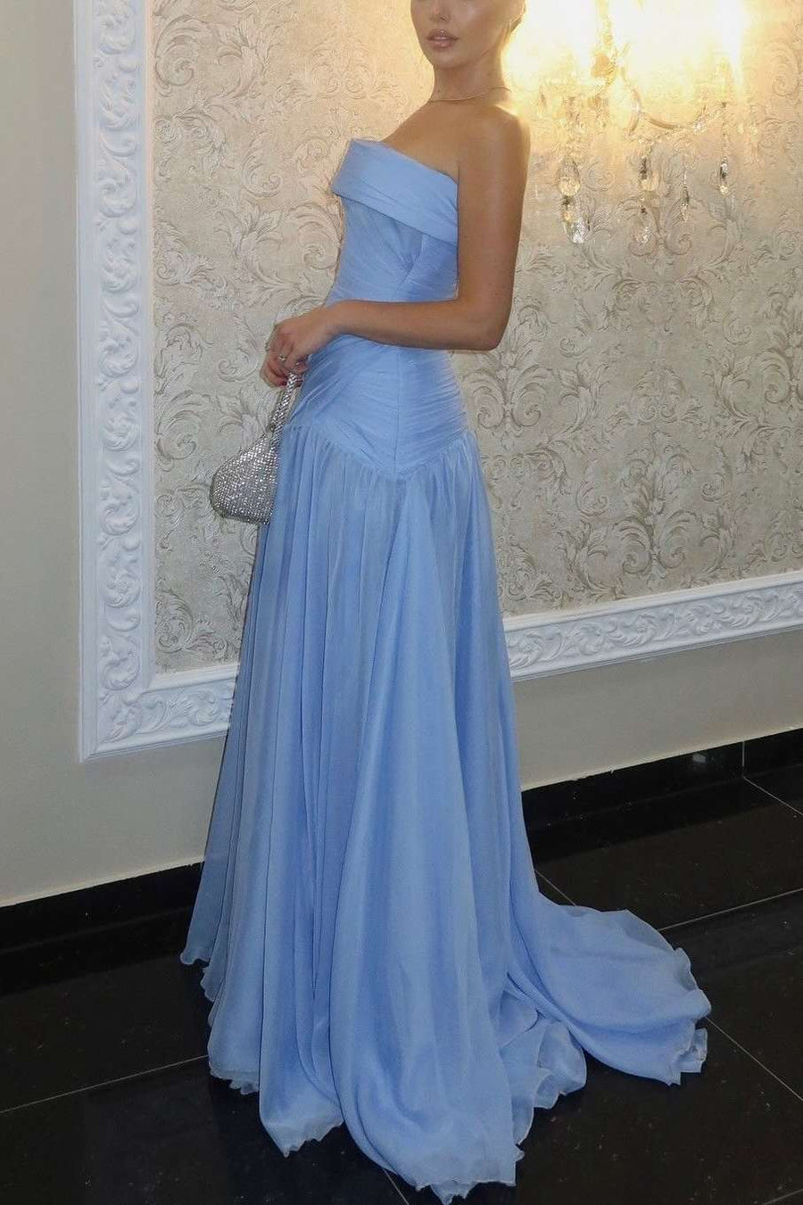Strapless Sky Blue A-Line Pleats Sleeveless Long Evening Prom Dress