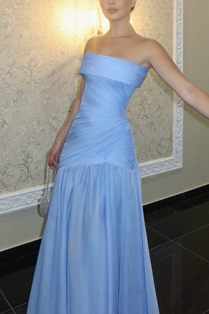 Strapless Sky Blue A-Line Pleats Sleeveless Long Evening Prom Dress