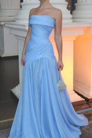 Strapless Sky Blue A-Line Pleats Sleeveless Long Evening Prom Dress
