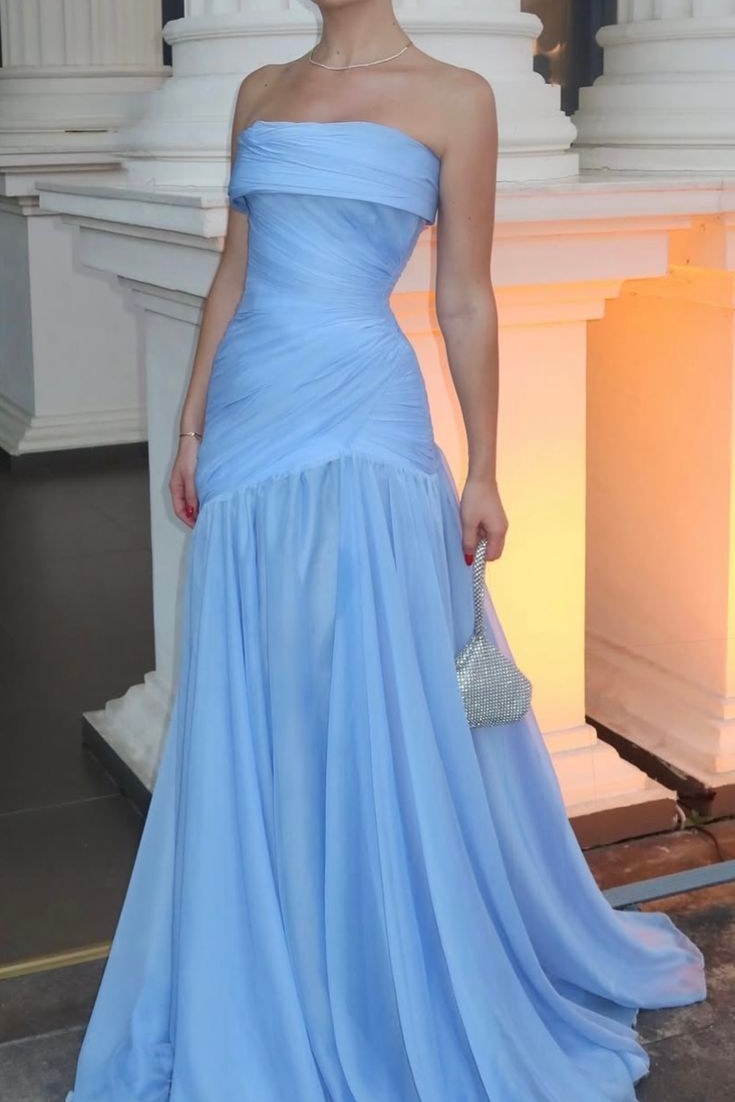 Strapless Sky Blue A-Line Pleats Sleeveless Long Evening Prom Dress