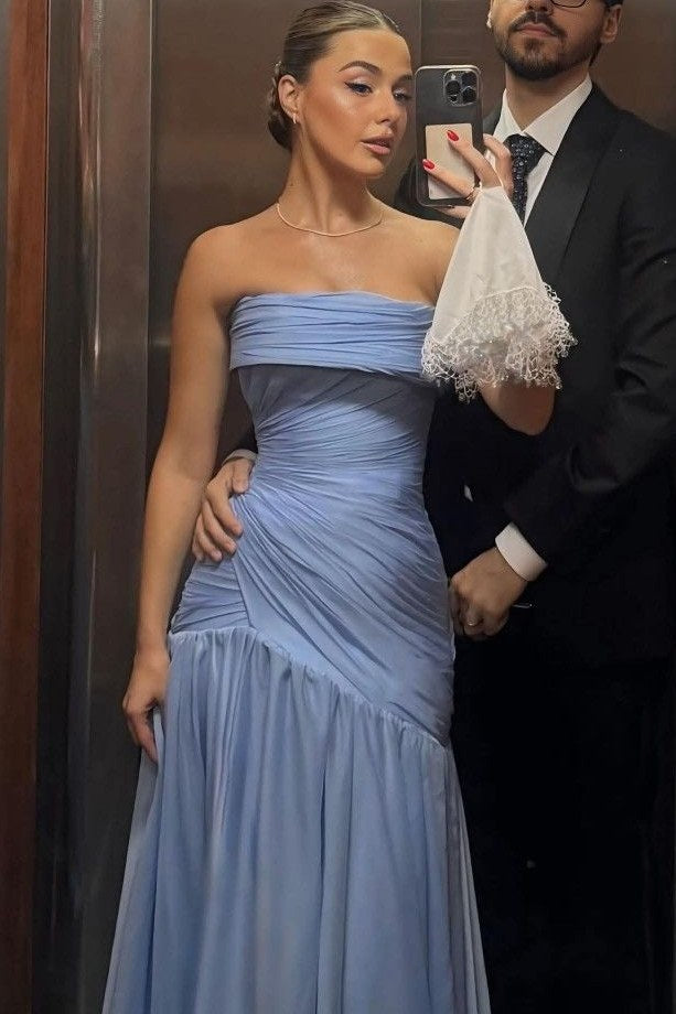 Strapless Sky Blue A-Line Pleats Sleeveless Long Evening Prom Dress