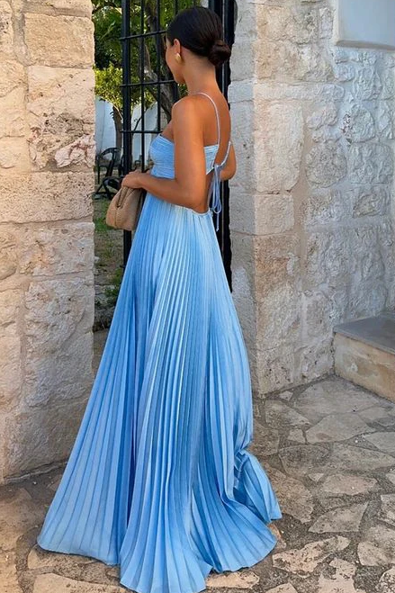 Spaghetti Straps A-Line Pleated Sleeveless Long Formal Prom Dress