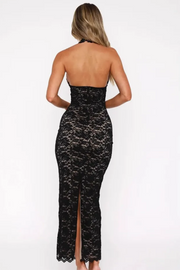 Sexy Black V-Neck Halter Lace Sleeveless Long Prom Party Dress