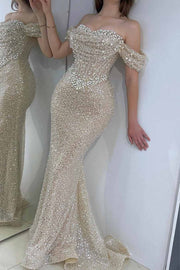 Gorgeous Glitter Off-Shoulder Beaded Sweetheart Mermaid Long Prom Dress