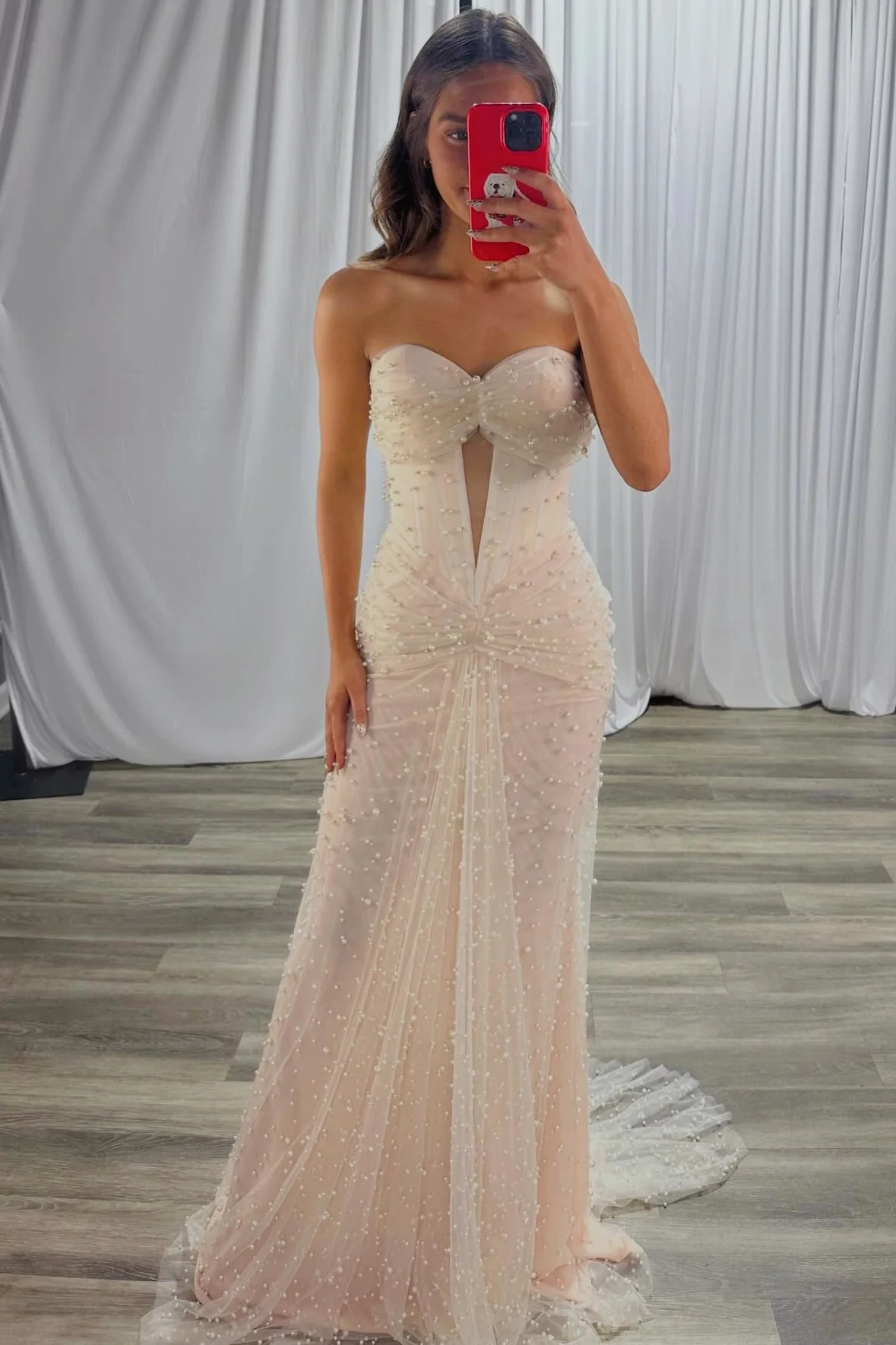 Pink Strapless Sweetheart Twist Beaded Mermaid Tulle Long Prom Dress