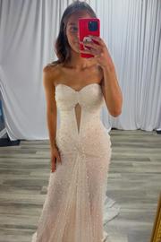 Pink Strapless Sweetheart Twist Beaded Mermaid Tulle Long Prom Dress