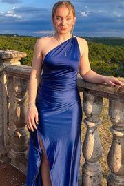 One Shoulder Ruffles Sleeveless Satin Pleats Long Formal Prom Dress with Slit