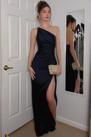 One Shoulder Ruffles Sleeveless Satin Pleats Long Formal Prom Dress with Slit