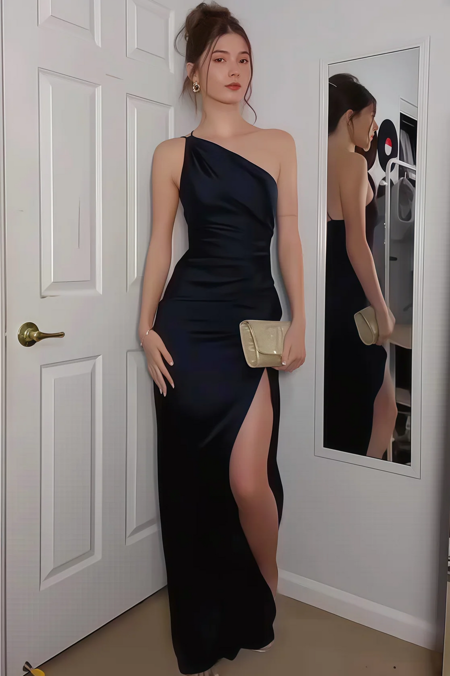 One Shoulder Ruffles Sleeveless Satin Pleats Long Formal Prom Dress with Slit