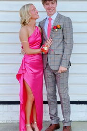 One Shoulder Ruffles Sleeveless Satin Pleats Long Formal Prom Dress with Slit