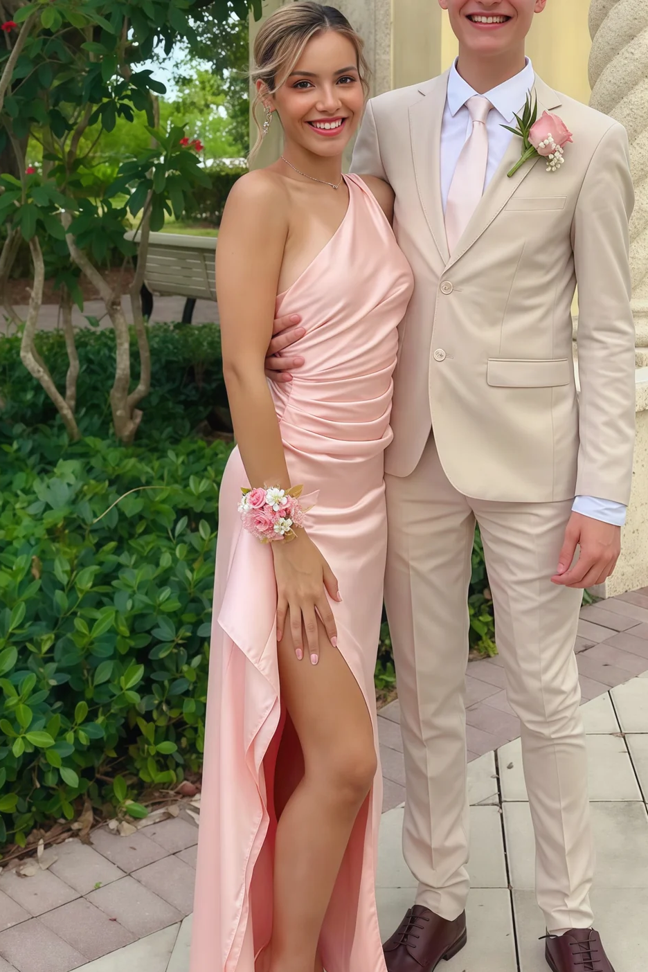 One Shoulder Ruffles Sleeveless Satin Pleats Long Formal Prom Dress with Slit