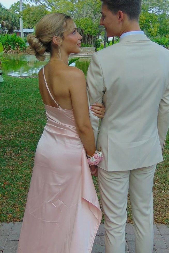 One Shoulder Ruffles Sleeveless Satin Pleats Long Formal Prom Dress with Slit