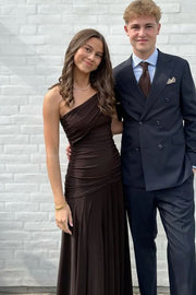 Brown Classy One Shoulder Pleated High Slit Long Evening Prom Dress