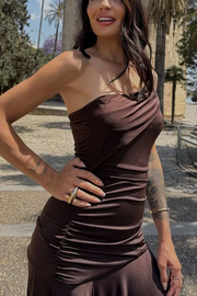 Brown Classy One Shoulder Pleated High Slit Long Evening Prom Dress