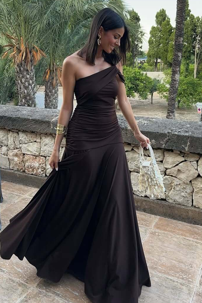 Brown Classy One Shoulder Pleated High Slit Long Evening Prom Dress