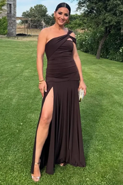 Brown Classy One Shoulder Pleated High Slit Long Evening Prom Dress