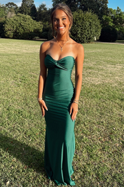 Green Twist Strapless Sweetheart Pleats Sleeveless Satin Prom Party Dress