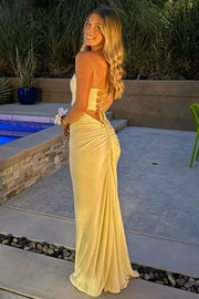 Yellow Strapless Scoop Neck Pleats Sleeveless Fitted Long Prom Dress