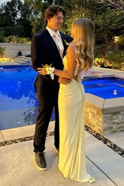 Yellow Strapless Scoop Neck Pleats Sleeveless Fitted Long Prom Dress