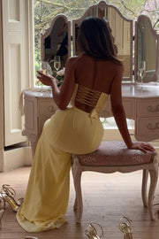 Yellow Strapless Scoop Neck Pleats Sleeveless Fitted Long Prom Dress