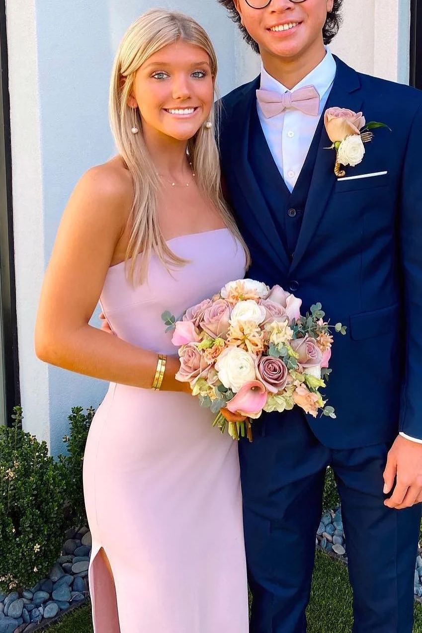 Cute Pink Strapless Scoop Neck Satin Long Party Prom Dress with Slit