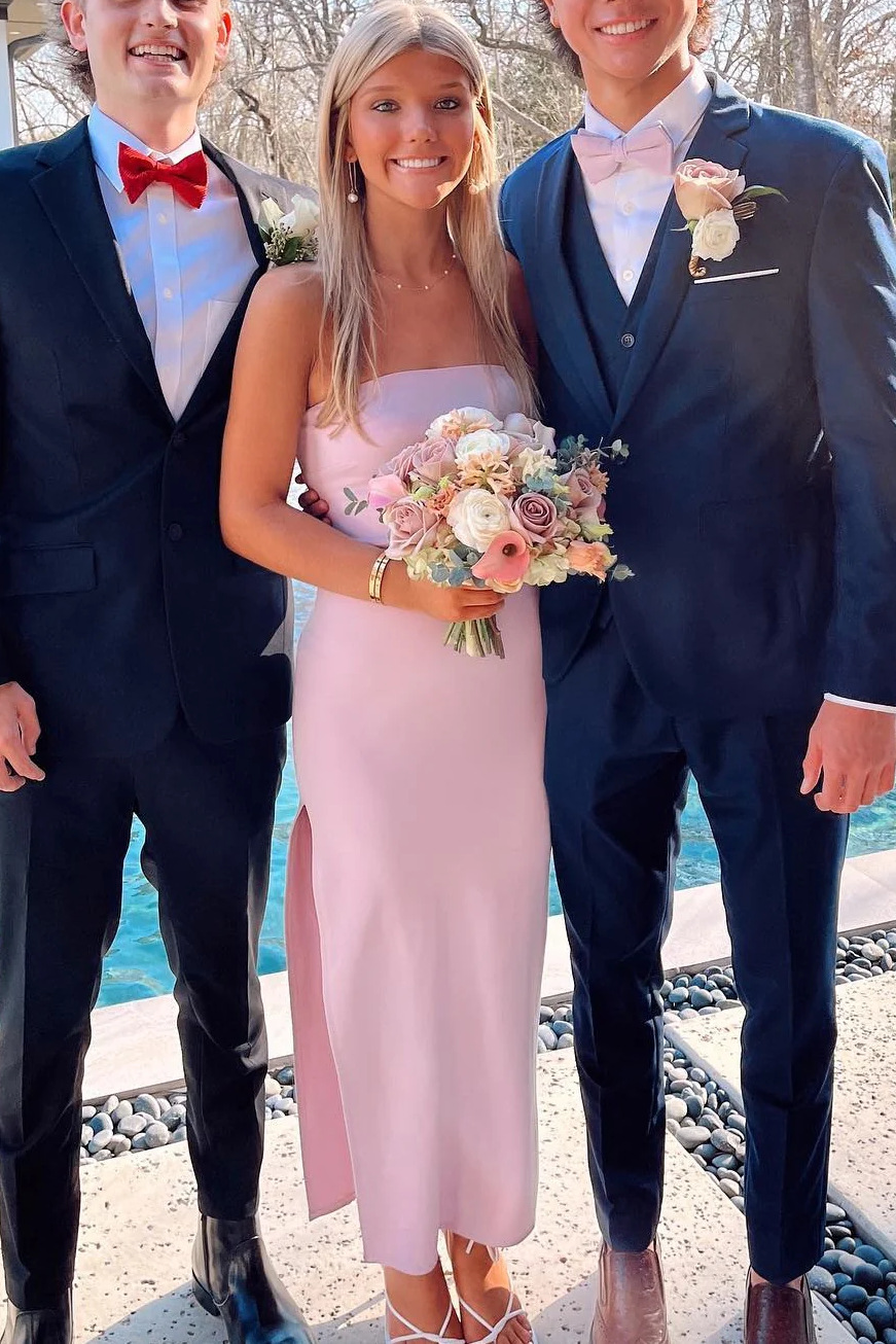 Cute Pink Strapless Scoop Neck Satin Long Party Prom Dress with Slit