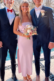 Cute Pink Strapless Scoop Neck Satin Long Party Prom Dress with Slit