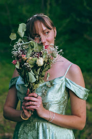 Green Print Spaghetti Straps A-Line Empire-Waist Long Prom Dress