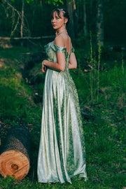 Green Print Spaghetti Straps A-Line Empire-Waist Long Prom Dress