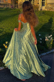 Green Print Spaghetti Straps A-Line Empire-Waist Long Prom Dress
