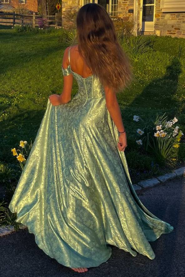 Green Print Spaghetti Straps A-Line Empire-Waist Long Prom Dress