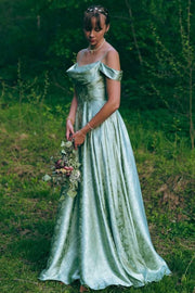 Green Print Spaghetti Straps A-Line Empire-Waist Long Prom Dress