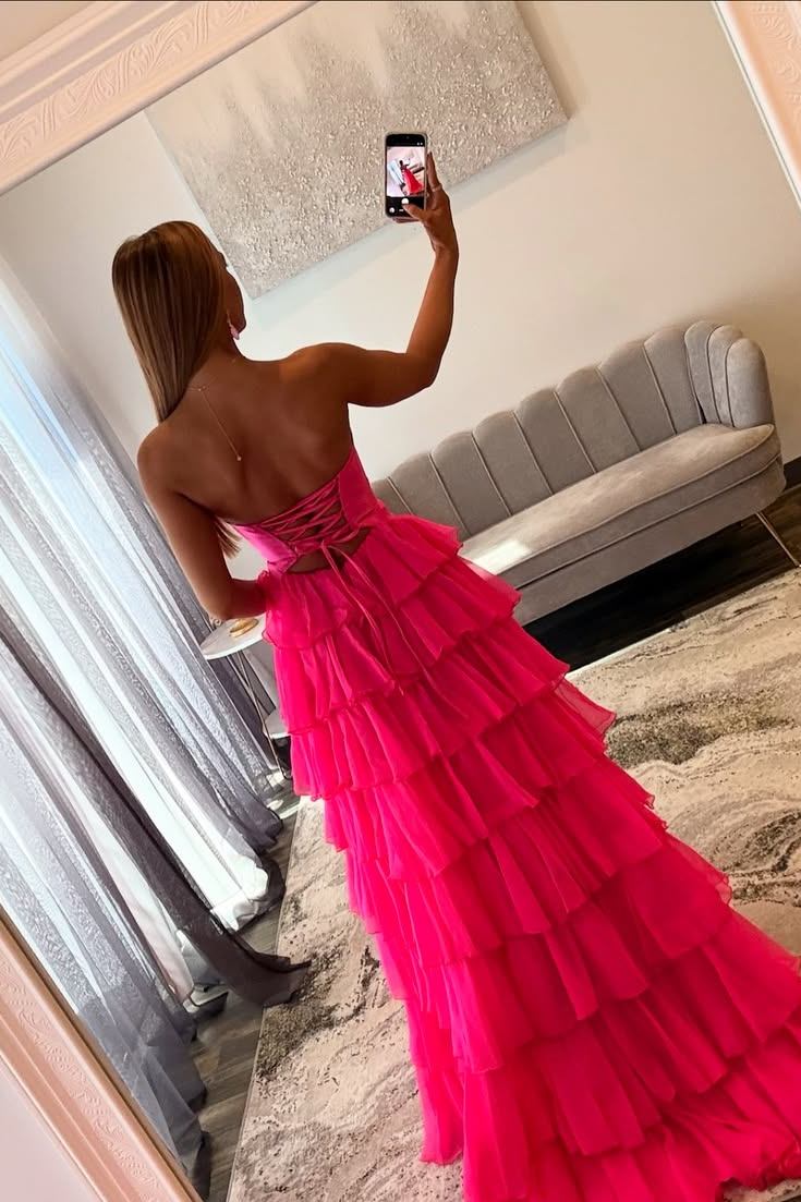 Pink Strapless A-Line Empire-Waist Keyhole Ruffles Tulle Long Prom Dress
