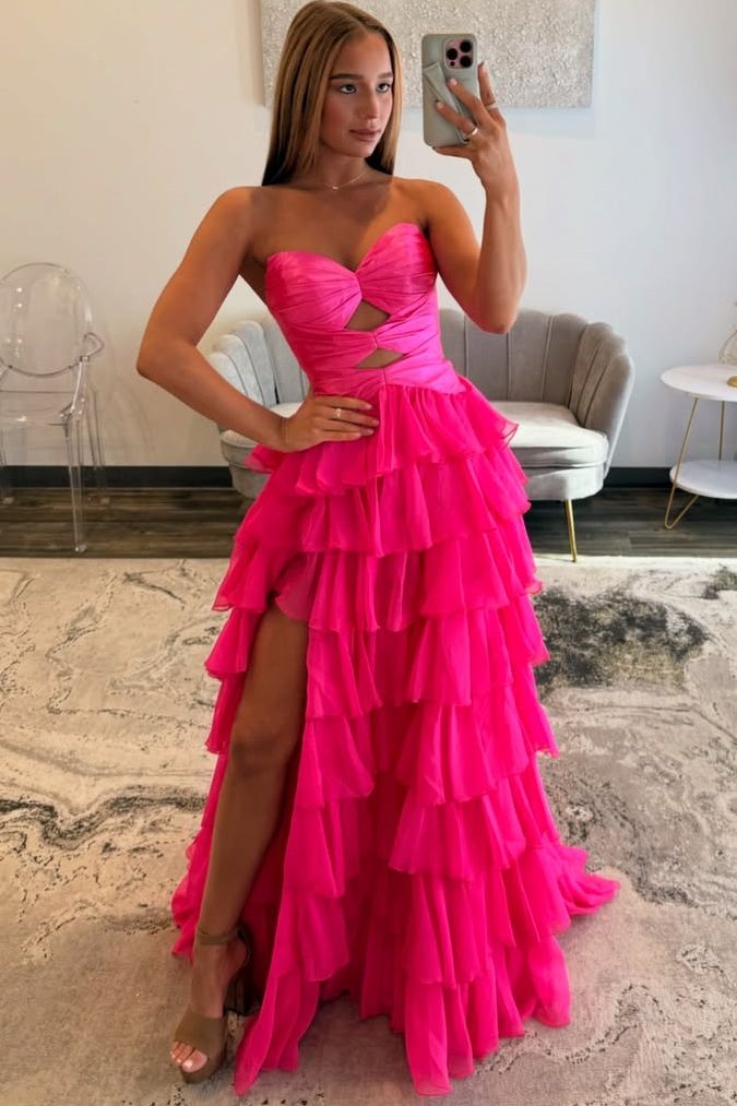 Pink Strapless A-Line Empire-Waist Keyhole Ruffles Tulle Long Prom Dress