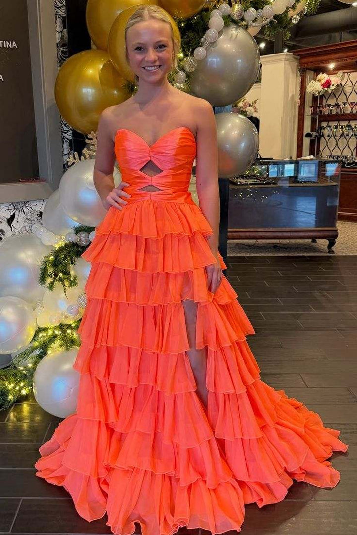 Pink Strapless A-Line Empire-Waist Keyhole Ruffles Tulle Long Prom Dress