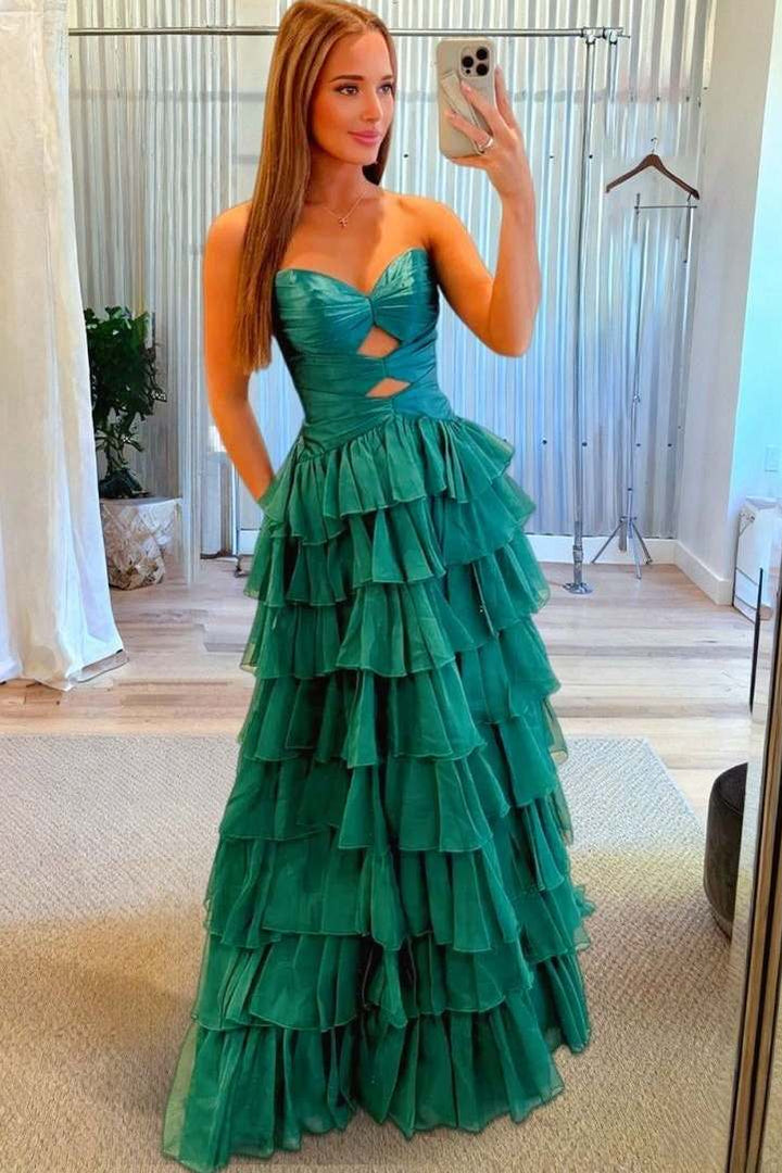 Pink Strapless A-Line Empire-Waist Keyhole Ruffles Tulle Long Prom Dress
