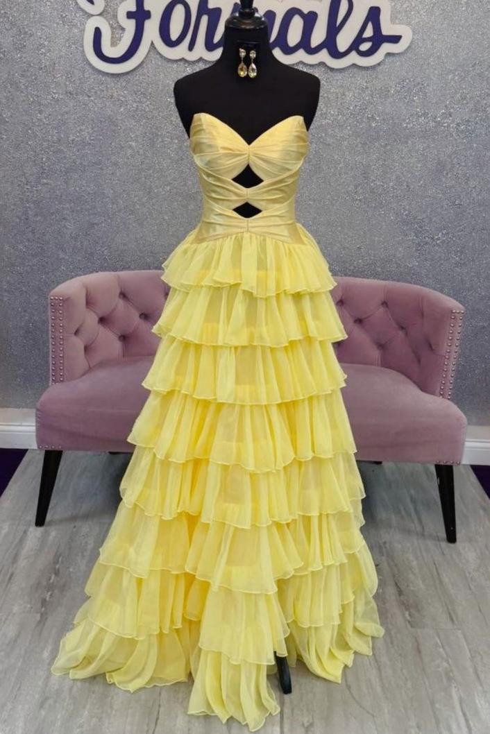 Pink Strapless A-Line Empire-Waist Keyhole Ruffles Tulle Long Prom Dress