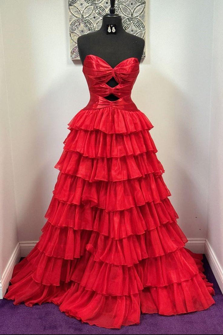 Pink Strapless A-Line Empire-Waist Keyhole Ruffles Tulle Long Prom Dress