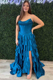 A-Line Strapless Tiered Satin Empire-Waist Ruffles Long Prom Dress with Slit