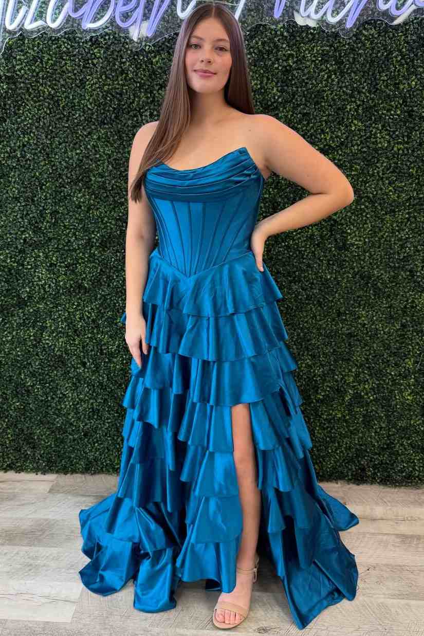 A-Line Strapless Tiered Satin Empire-Waist Ruffles Long Prom Dress with Slit