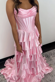 A-Line Strapless Tiered Satin Empire-Waist Ruffles Long Prom Dress with Slit