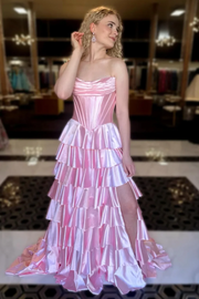 A-Line Strapless Tiered Satin Empire-Waist Ruffles Long Prom Dress with Slit