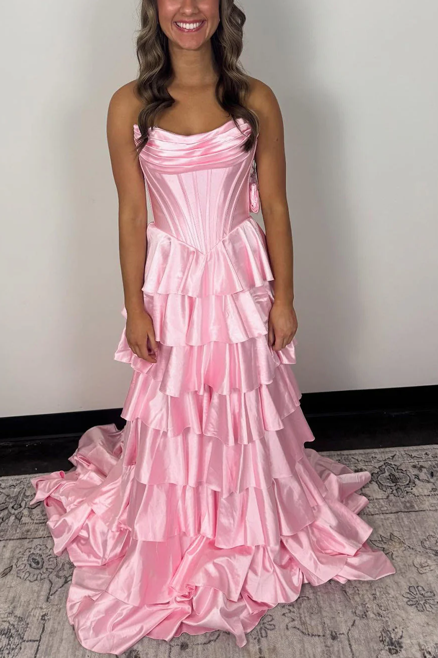 A-Line Strapless Tiered Satin Empire-Waist Ruffles Long Prom Dress with Slit