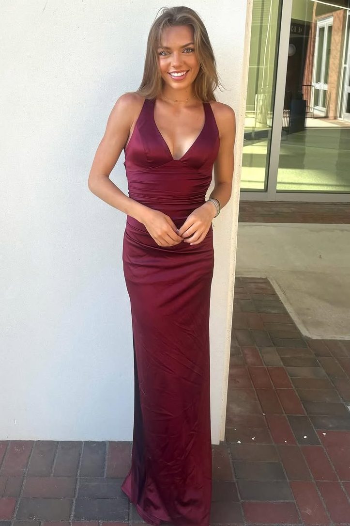 Classic V-Neck Pleats Sleeveless Satin Long Formal Prom Dress with Slit
