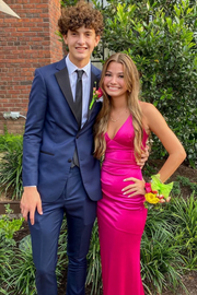 Classic V-Neck Pleats Sleeveless Satin Long Formal Prom Dress with Slit