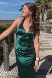 Classic V-Neck Pleats Sleeveless Satin Long Formal Prom Dress with Slit